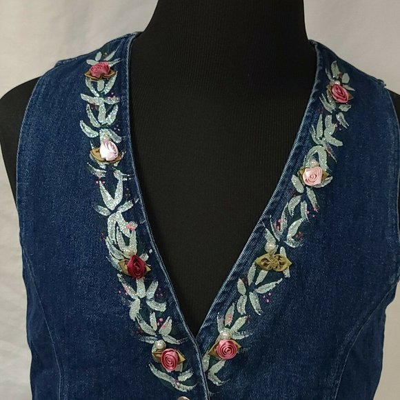 Vtg Apache Womens Large Cotton Denim Made in USA Boho Embellished Floral Vest - Picture 2 of 12